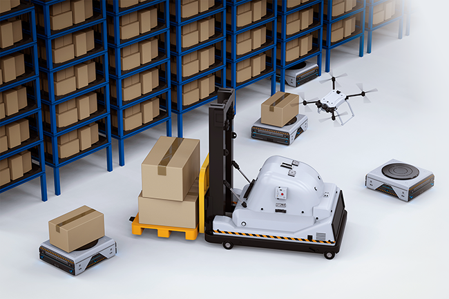 自動搬送車(AGV)や自律走行搬送ロボット(AMR),電動フォークリフト,ドローンなど